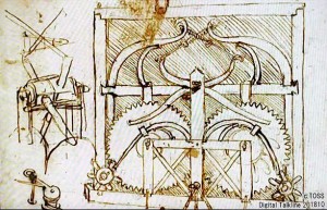 レオナルド・ダ・ヴィンチのスケッチ（自走車／アトランティコ手稿、アンブロジアーナ図書館、ミラノ）
