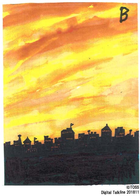 黒い画用紙の上部に街並みを黒のネームペンで描き加えたもの。街並みはあらかじめ写真を撮っておくとよい。写真はあくまでも参考程度に、単純化して描く。