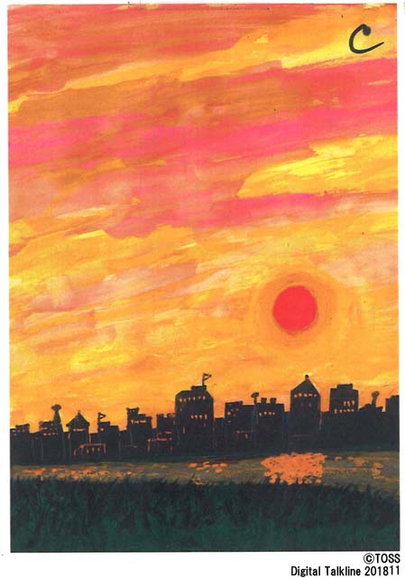 蛍光絵の具のルミレッドで太陽を描いたら、全体が赤っぽい感じになるように同じ色を薄く掛ける。